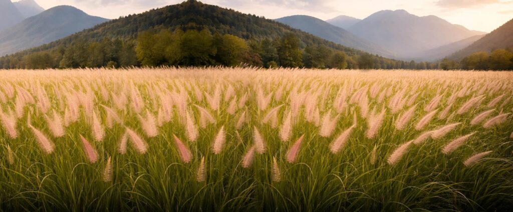 Golden glow over ornamental grass and mountains